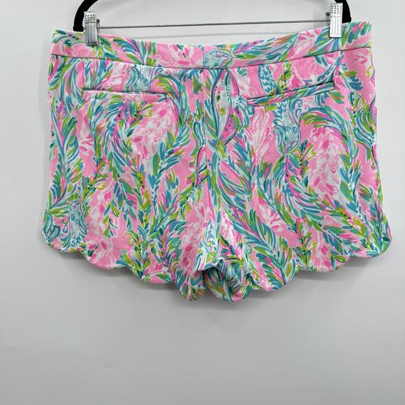Lilly Pulitzer Buttercup Scallop Hem Shorts Sz 14 Pink Green Stretch Tropical - Picture 2 of 11